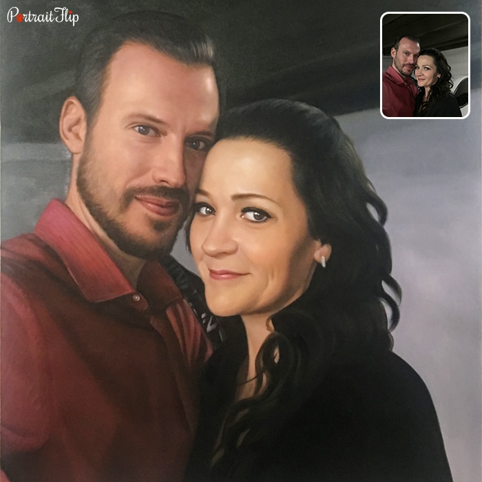 Acrylic painting of a man taking selfie with a woman